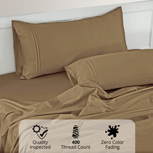 Plain Cotton Satin 400 TC Fitted Bedsheet with Pillow Covers - Camel Brown