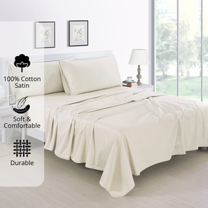 Plain Cotton Satin 400 TC Fitted Bedsheet with Pillow Covers - Cream