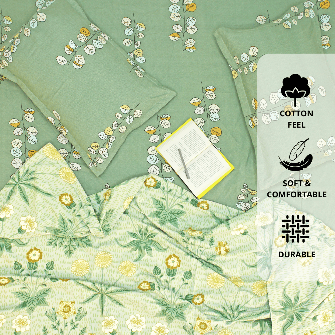 Festive Double Bed Dohar & Bedsheet Combo Set - Vintage Floral Green