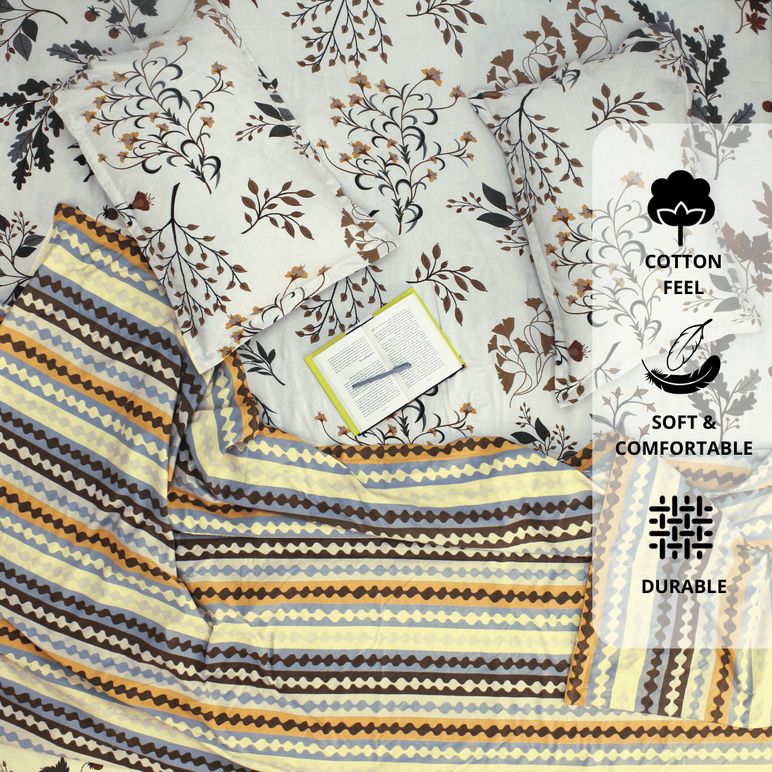 Festive Double Bed Dohar & Bedsheet Combo Set - Wavy Stripe Brown
