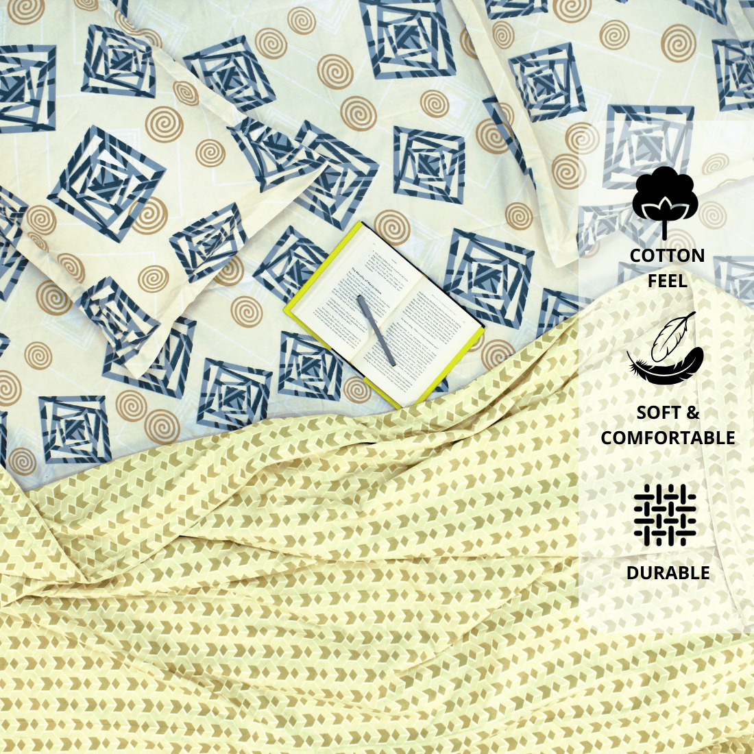 Festive Double Bed Dohar & Bedsheet Combo Set - Geometric Cube Yellow