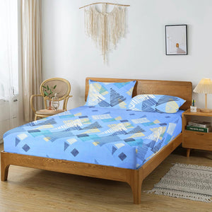 Printed Geometrical Cotton 250 TC Fitted Bedsheet with Pillow Covers - Blue