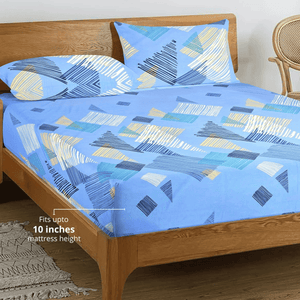 Printed Geometrical Cotton 250 TC Bedsheet with Pillow Covers - Blue