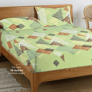 Printed Geometrical Cotton 250 TC Bedsheet with Pillow Covers - Green