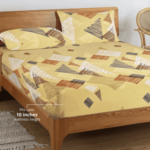Printed Geometrical Cotton 250 TC Fitted Bedsheet with Pillow Covers - Mustard