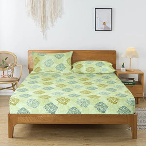 Printed Damask Cotton 250 TC Fitted Bedsheet with Pillow Covers - Green