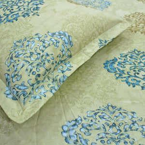 Close up Printed Damask Cotton 250 TC Fitted Bedsheet with Pillow Covers - Green