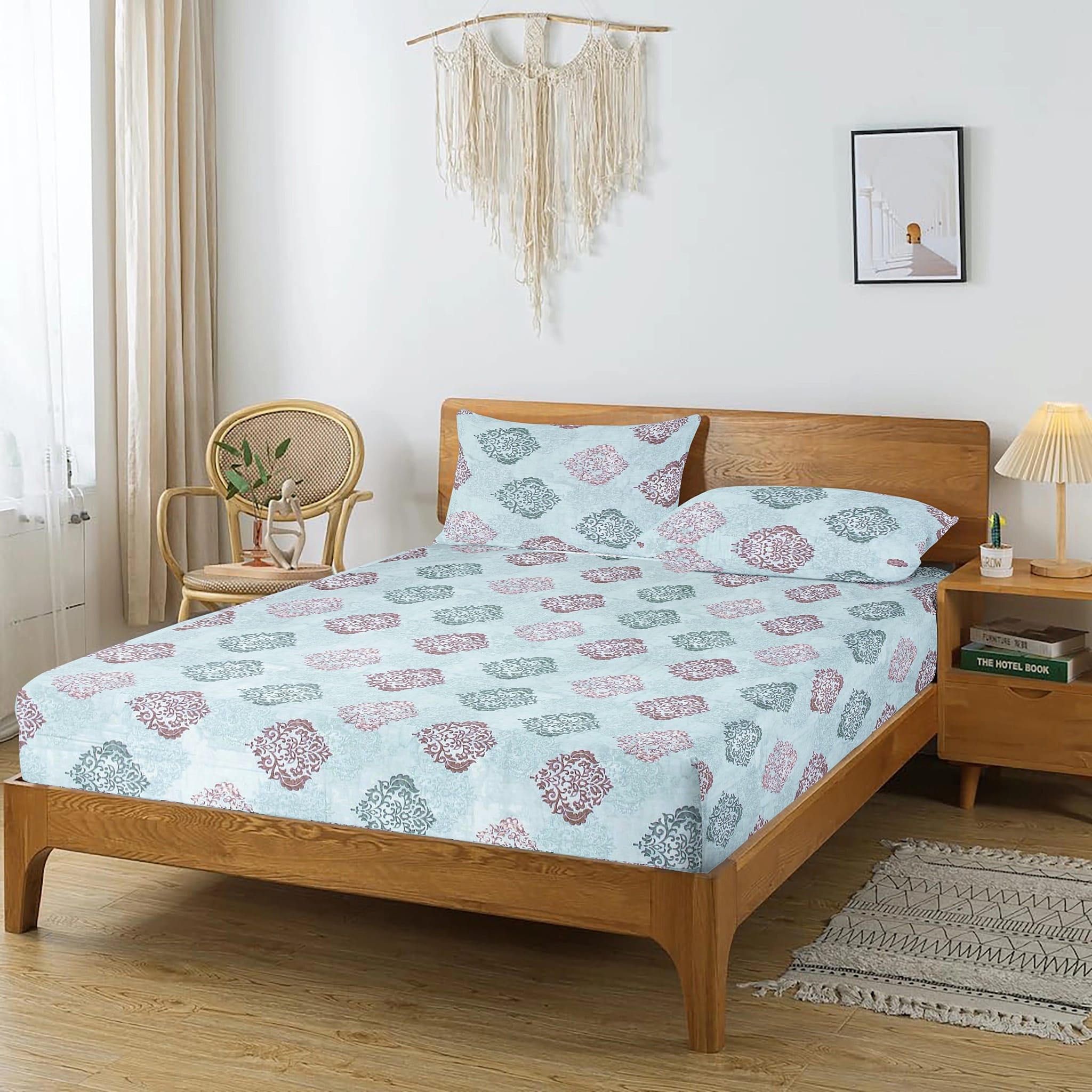 Printed Damask Cotton 250 TC Bedsheet with Pillow Covers - Blue