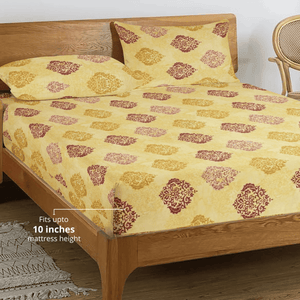 Printed Damask Cotton 250 TC Bedsheet with Matching Pillow Covers - Mustard