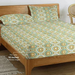 Printed Damask Cotton 250 TC Bedsheet with Pillow Covers - Green