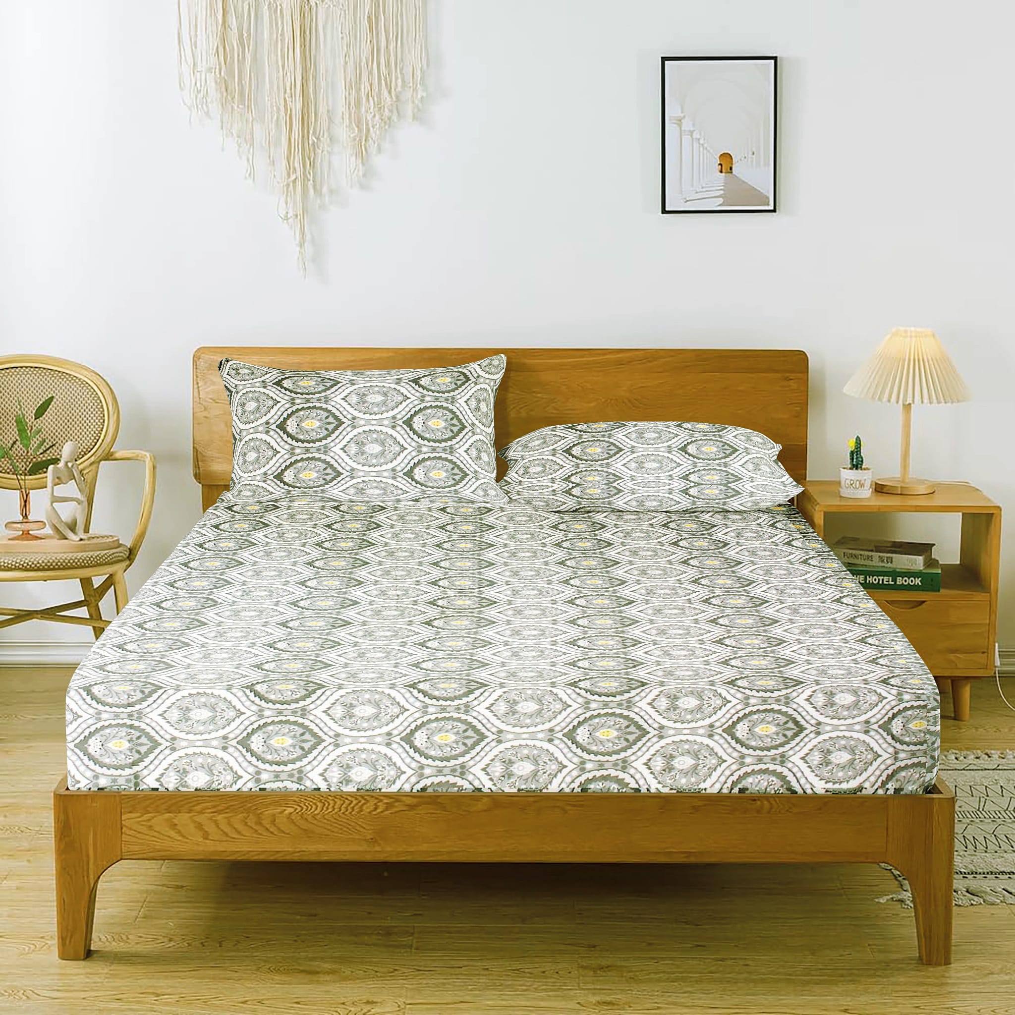 Printed Damask Cotton 250 TC Fitted Bedsheet with Pillow Covers - Grey