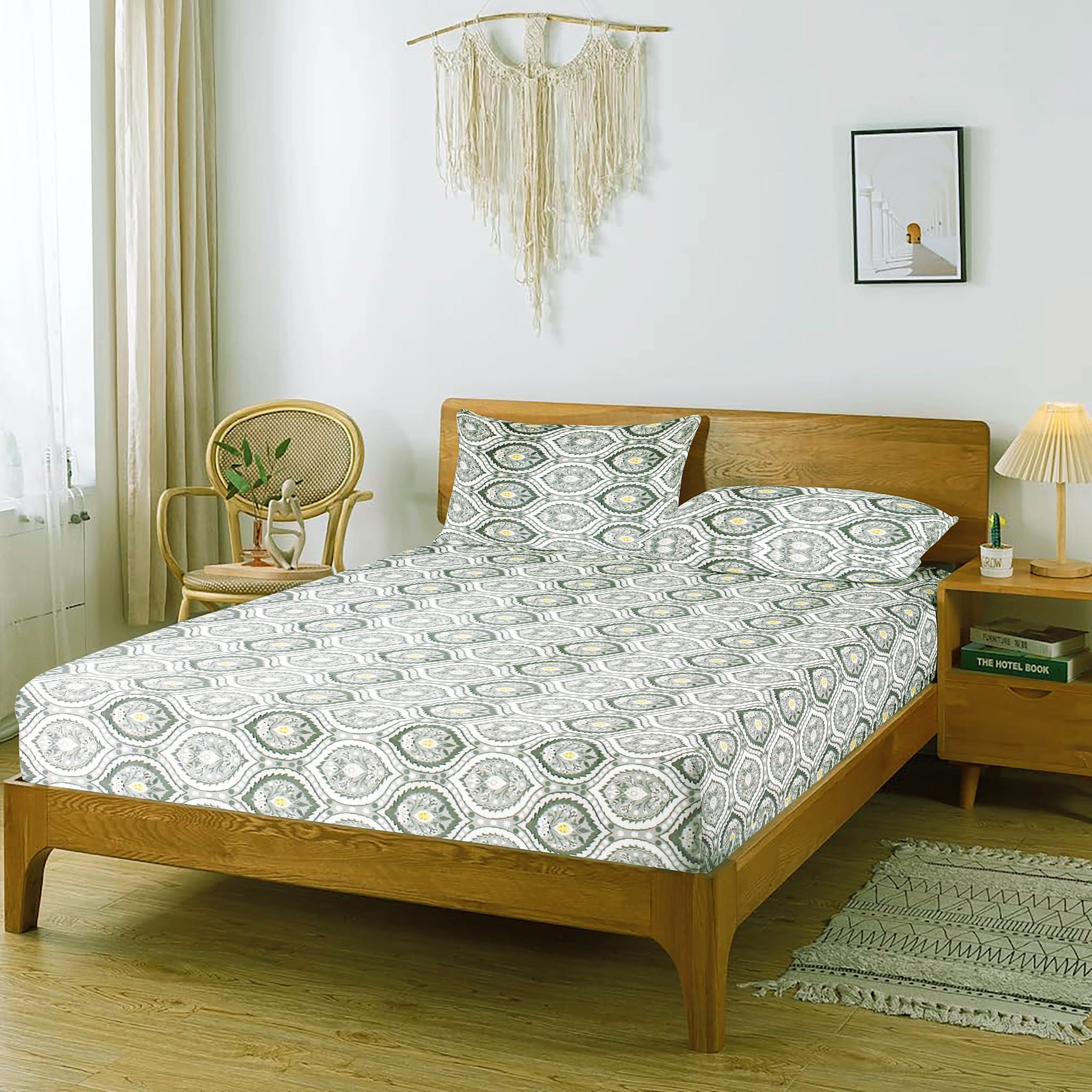 Printed Damask Cotton 250 TC Bedsheet with Pillow Covers - Grey