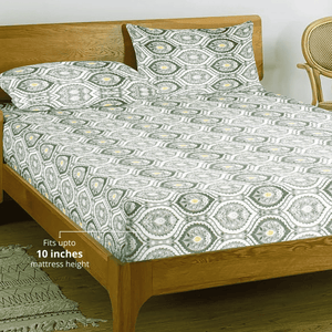 Printed Damask Cotton 250 TC Fitted Bedsheet with Pillow Covers - Grey