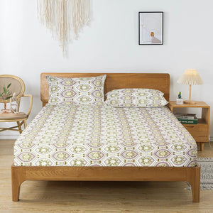 Printed Damask Cotton 250 TC Fitted Bedsheet with Pillow Covers - Purple
