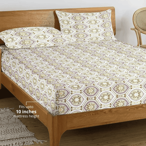 Printed Damask Cotton 250 TC Fitted Bedsheet with Pillow Covers - Purple