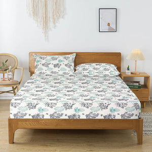Printed Floral Cotton 250 TC Fitted Bedsheet with Pillow Covers - Aqua