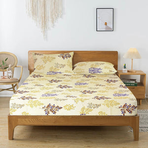 Printed Floral Cotton 250 TC Fitted Bedsheet with Pillow Covers - Brown