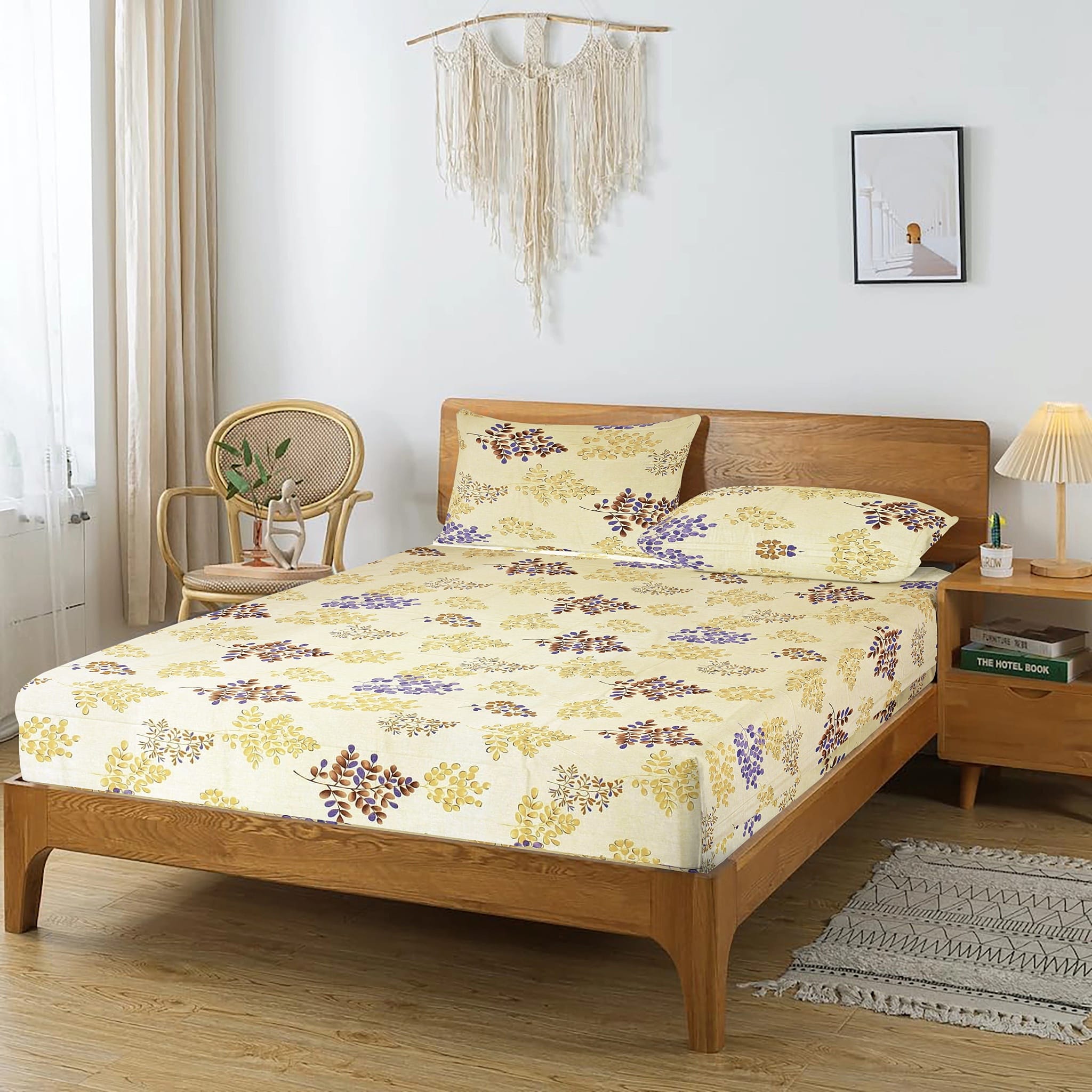 Printed Floral Cotton 250 TC Fitted Bedsheet with Pillow Covers - Brown