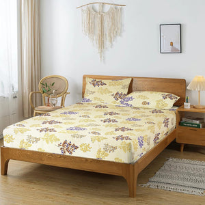 Printed Floral Cotton 250 TC Fitted Bedsheet with Pillow Covers - Brown