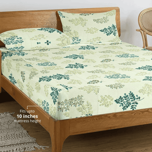 Printed Floral Cotton 250 TC Fitted Bedsheet with Pillow Covers - Green