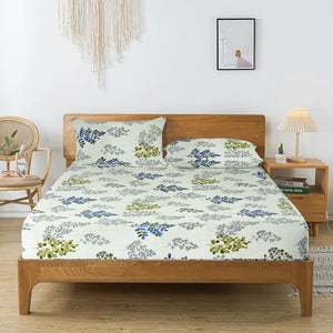 Printed Floral Cotton 250 TC Fitted Bedsheet with Pillow Covers - Grey