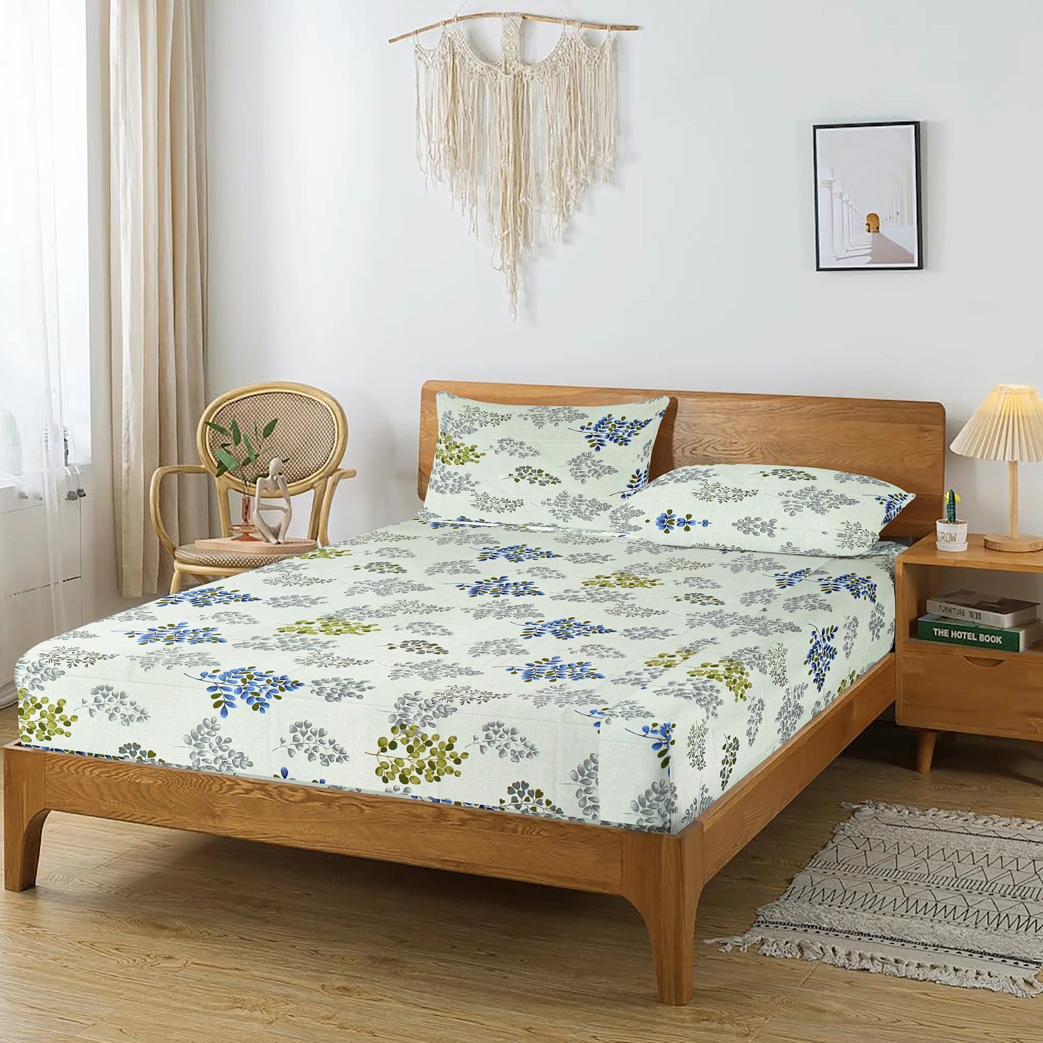 Printed Floral Cotton 250 TC Fitted Bedsheet with Pillow Covers - Grey