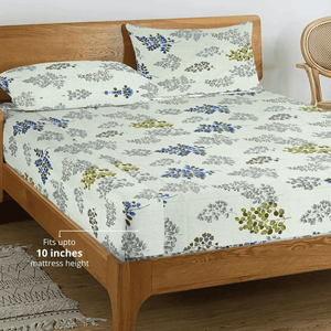 Printed Floral Cotton 250 TC Fitted Bedsheet with Pillow Covers - Grey
