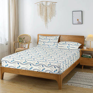 Printed Floral Cotton 250 TC Fitted Bedsheet with Pillow Covers - Blue