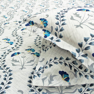 Close-up of Printed Floral Cotton 250 TC Fitted Bedsheet with Pillow Covers - Blue