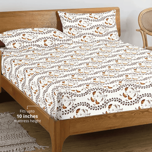 Printed Floral Cotton 250 TC Fitted Bedsheet with Pillow Covers - Brown