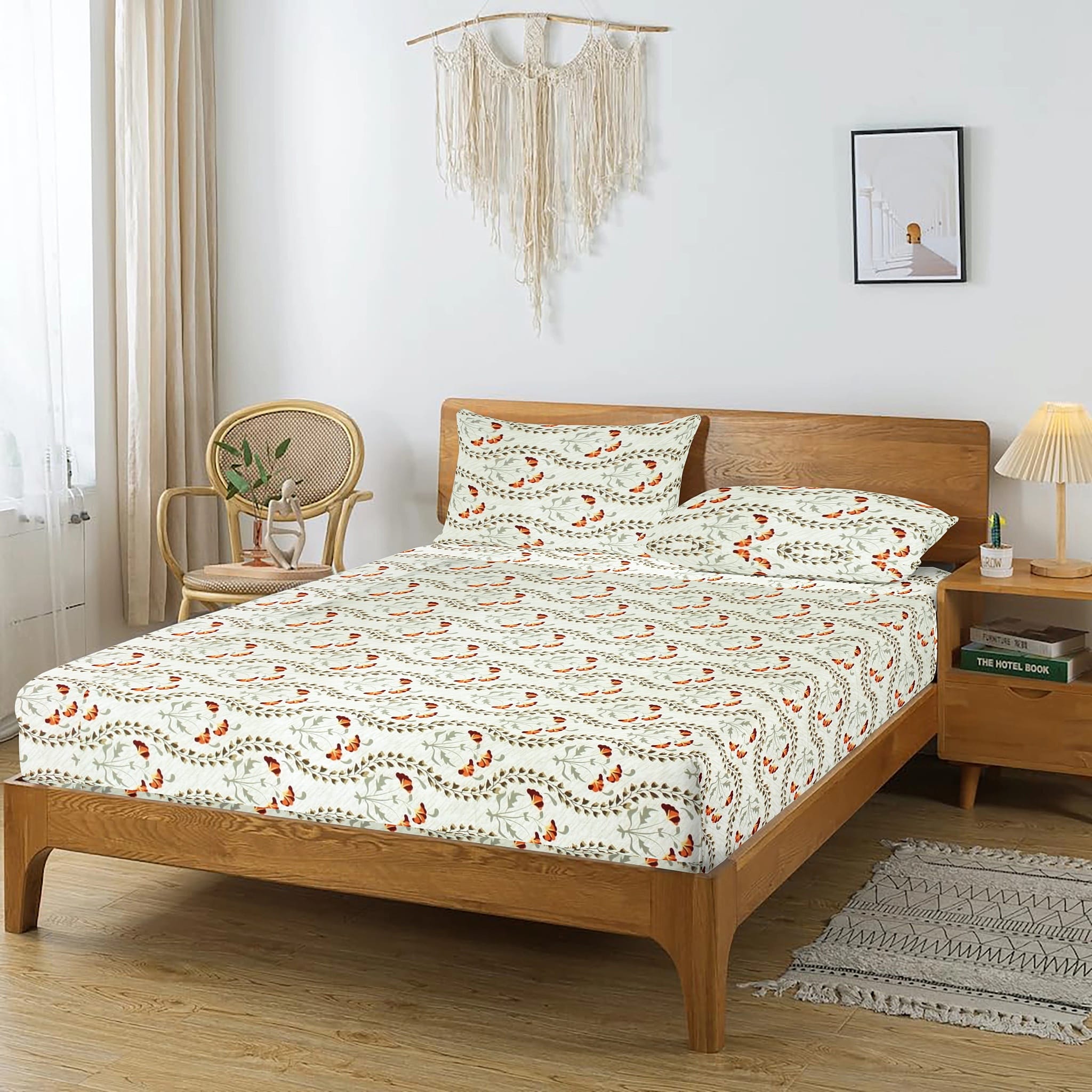 Printed Floral Cotton 250 TC Fitted Bedsheet with Pillow Covers - Orange