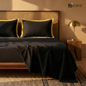 Black Haven 400 TC Cotton Satin Bedsheet with Pillow Covers - Gold