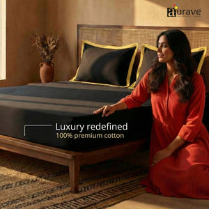 Black Haven 400 TC Cotton Satin Bedsheet with Pillow Covers - Gold