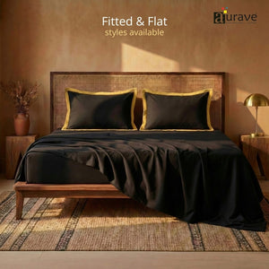 Black Haven 400 TC Cotton Satin Bedsheet with Pillow Covers - Gold