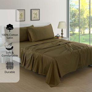 Plain 400 TC Cotton Satin Bedsheet with Pillow Covers - Golden Brown