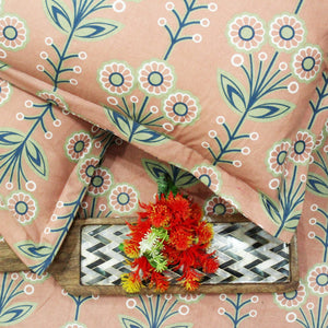 Close up Printed Floral Cotton 144 TC Fitted Bedsheet with Pillow Covers - Peach
