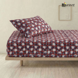 The image you uploaded): AURAVE kids single flat bedsheet and pillow cover featuring a modern maroon and white geometric hashtag pattern