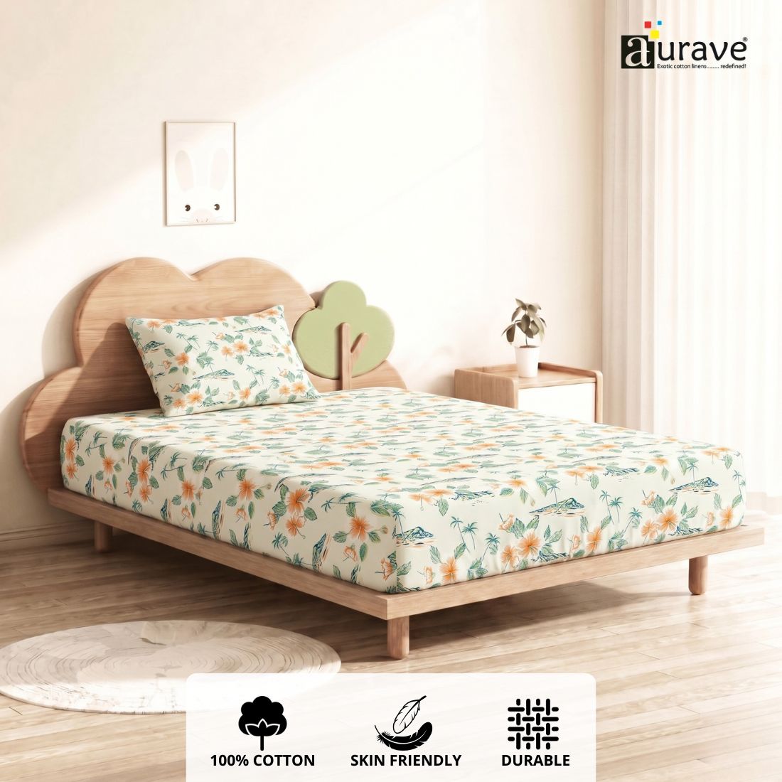 Floral Print Single Flat Bedsheet with Pillow Covers for Kids - Multicolor