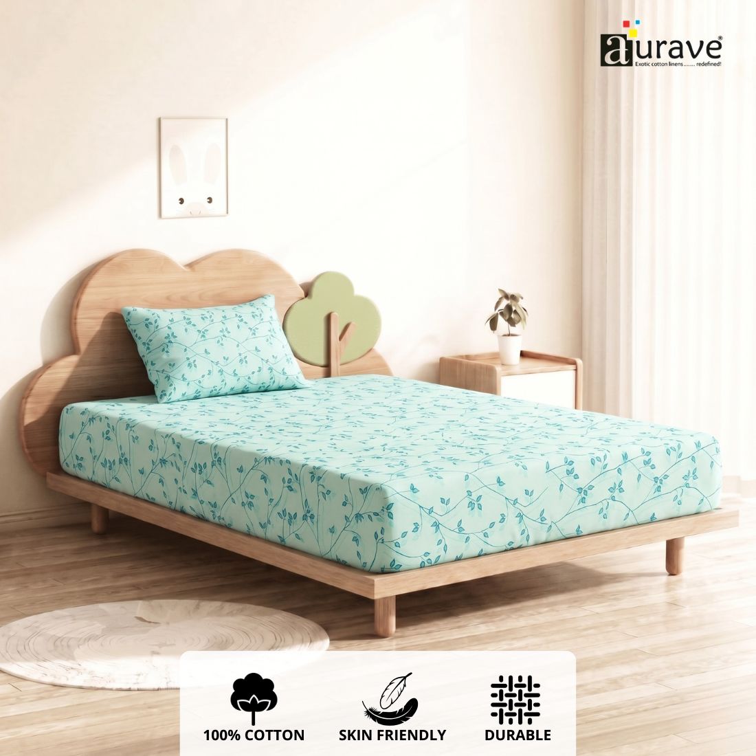 Floral Print Single Flat Bedsheet with Pillow Covers for Kids - Blue
