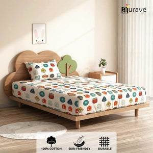 Bright and playful kids bedroom setup featuring an adventurous 100% cotton white single flat bedsheet decorated with colorful patch designs.