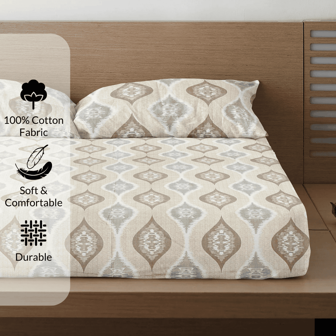 Printed Floral Cotton 300 TC Bedsheet with Pillow Covers - Brown