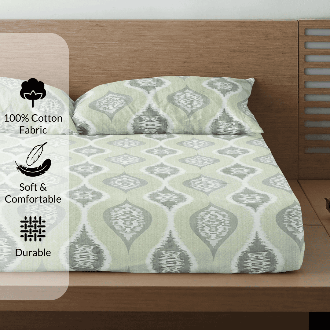 Printed Floral Cotton 300 TC Bedsheet with Pillow Covers - Green