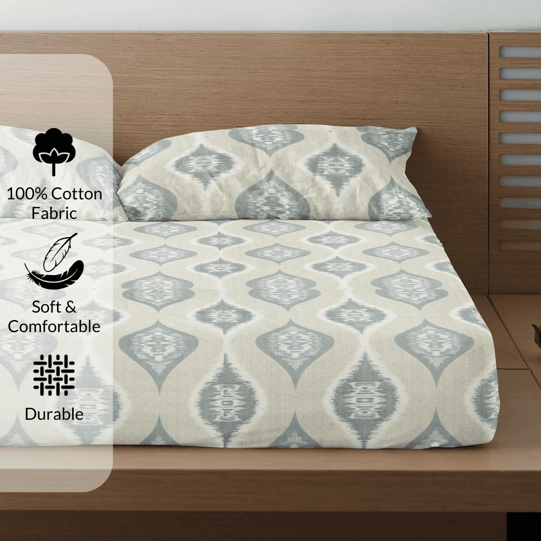 Printed Damask Cotton 300 TC Bedsheet with Pillow Covers - Khaki