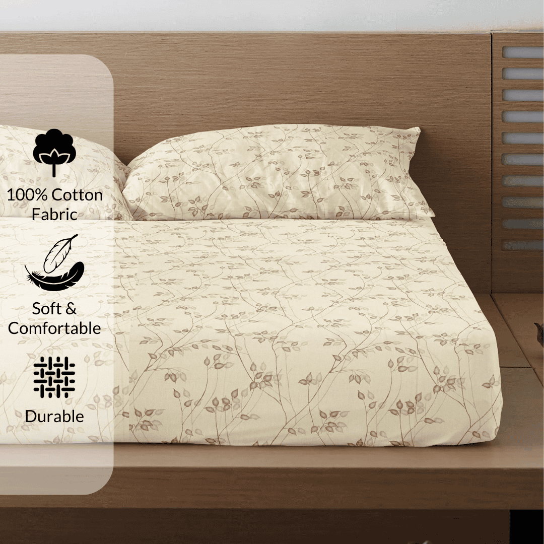 Printed Floral Cotton 300 TC Bedsheet with Pillow Covers - Cream