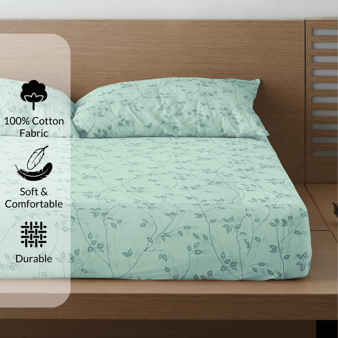 Printed Floral Cotton 300 TC Bedsheet with Pillow Covers - Green