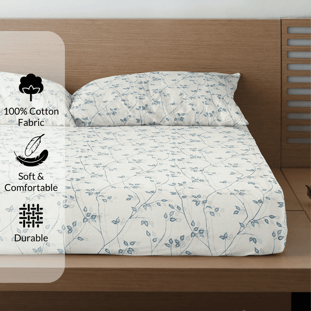 Printed Floral Cotton 300 TC Bedsheet with Pillow Covers - Grey