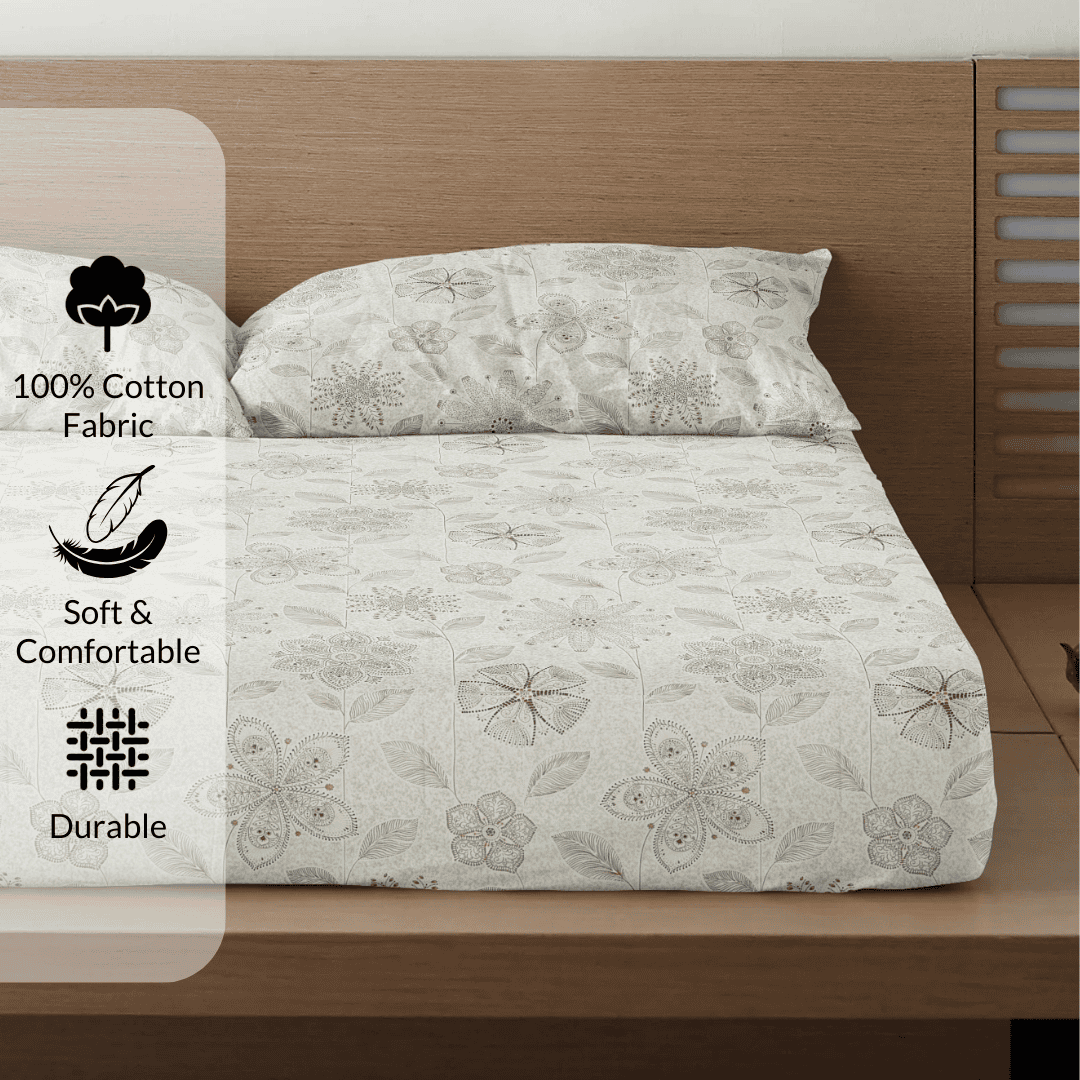 Printed Floral Cotton 300 TC Bedsheet with Pillow Covers - Brown