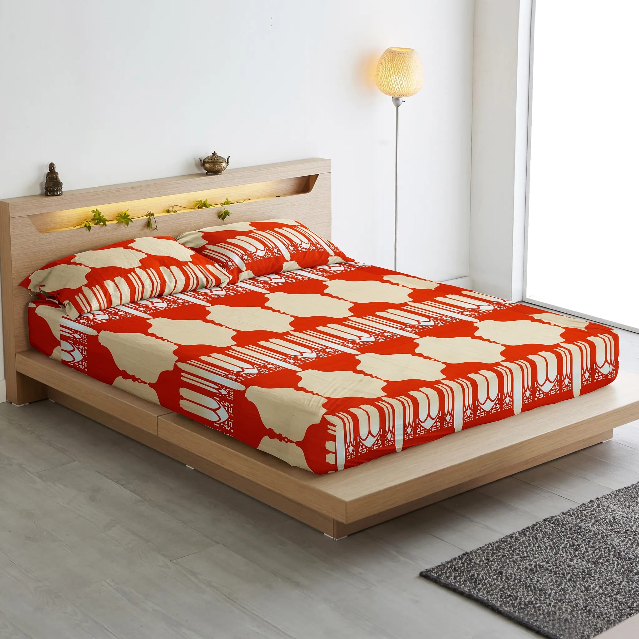 Printed Traditional Cotton 250 TC Fitted Bedsheet with Pillow Covers - Orange