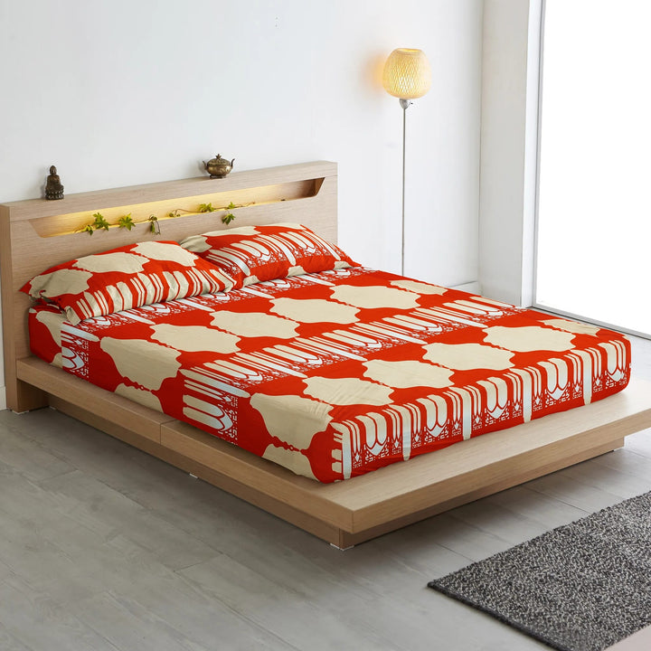 Soft Cotton Traditional Print 250 TC Fitted Bedsheet In Orange At Best Prices