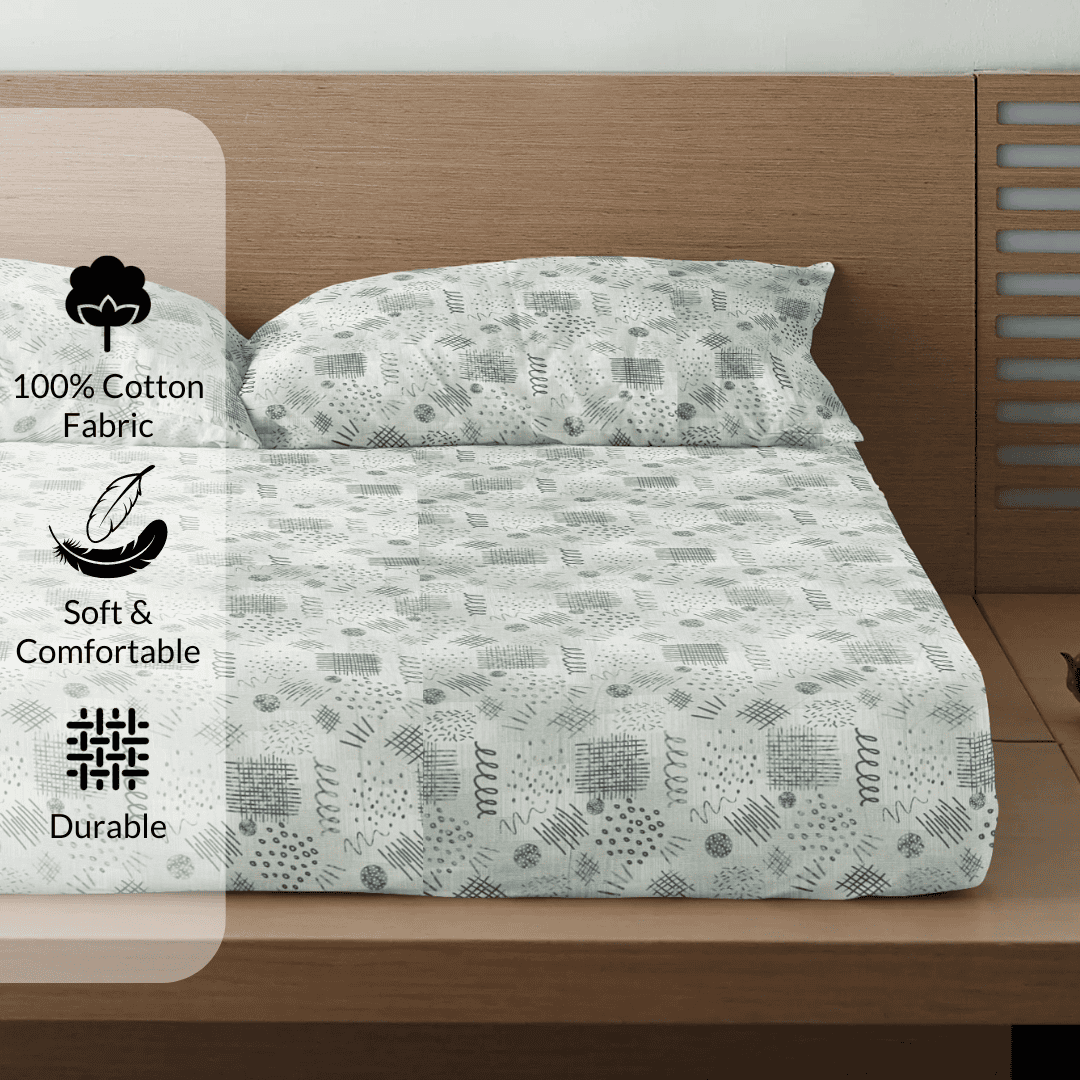 Printed Abstract Cotton 300 TC Bedsheet with Pillow Covers - Grey